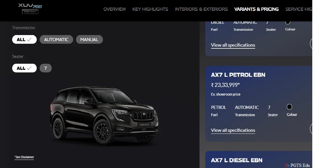 Mahindra xuv700 ebony edition Price