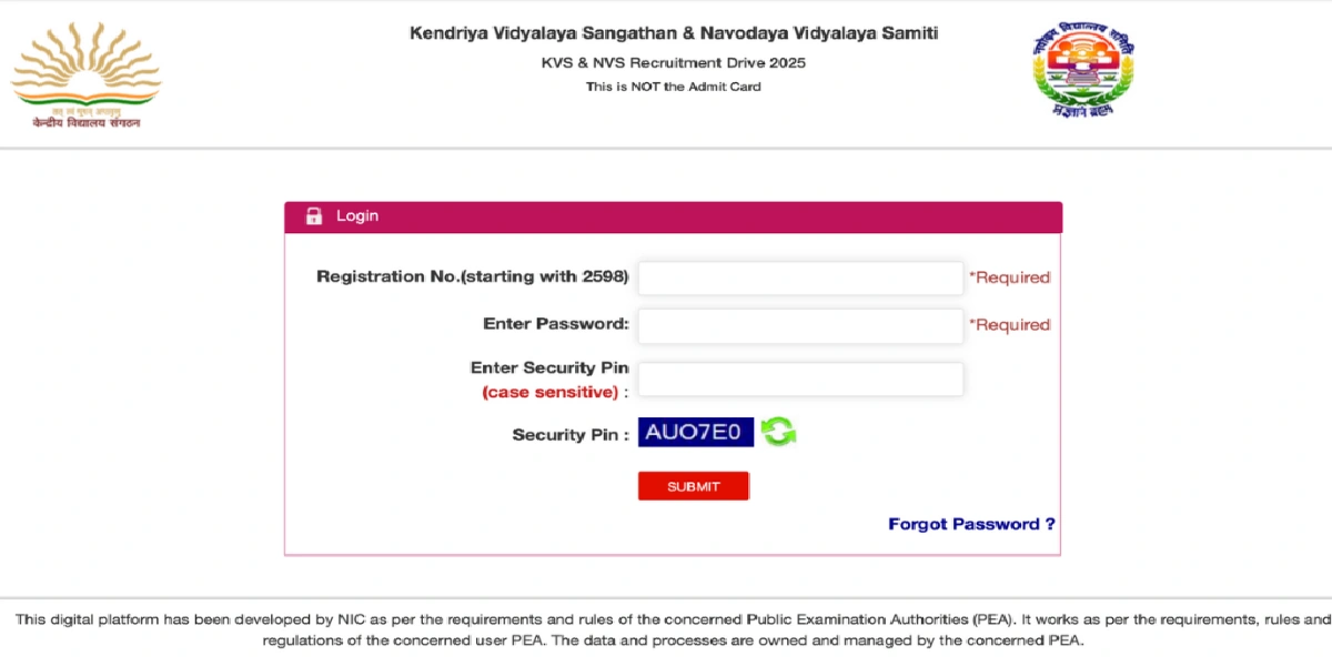 KVS NVS Exam City Intimation Slip 2025